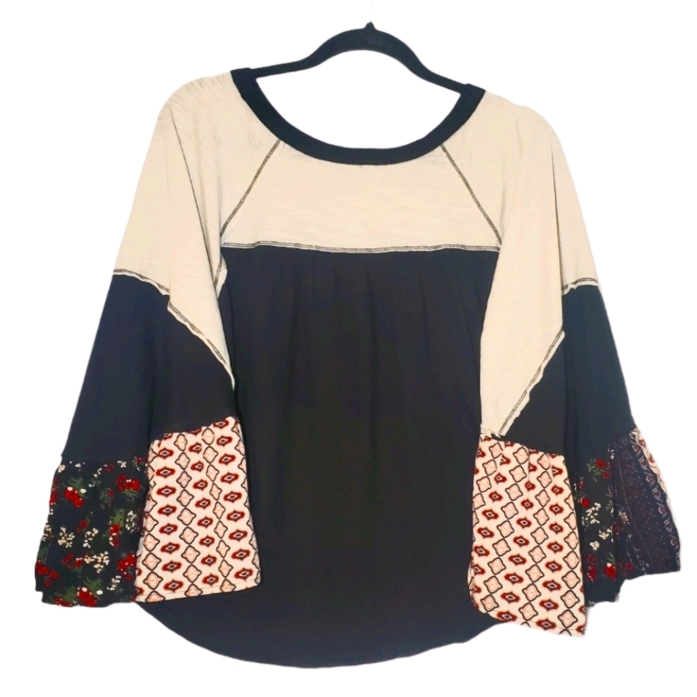 ODDY Wide Mixed Fabric Sleeve Raglan Top
